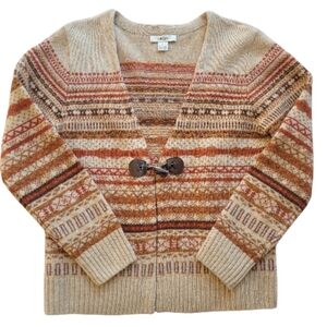 Vintage Skyr Women's Wool One Button Nordic Fair Isle Cardigan Sz L Brown Tan